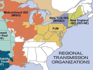 Map showing different Regional Transmission Organizations in the US